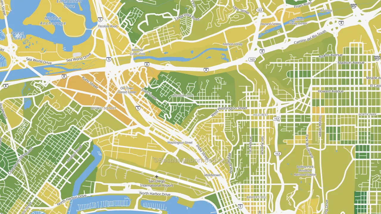 Map of the best neighborhoods in the Mission Hills-San Diego, San Diego area, with better matches in green and worse matches in red