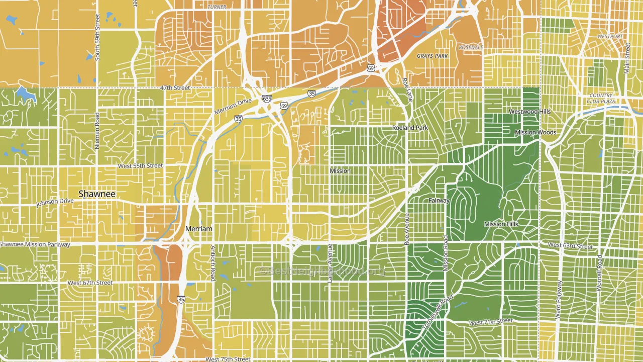Map of the best neighborhoods in the Mission area, with better matches in green and worse matches in red