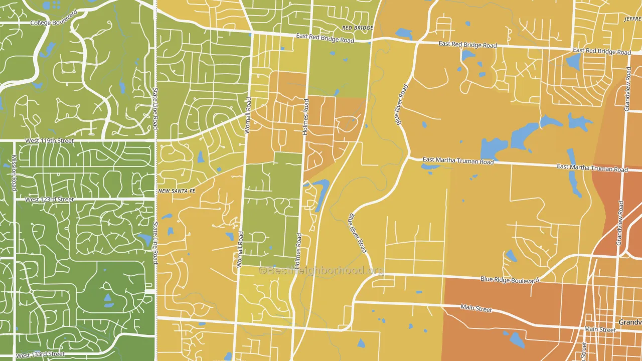 Map of the best neighborhoods in the Mission Lake, Kansas City area, with better matches in green and worse matches in red