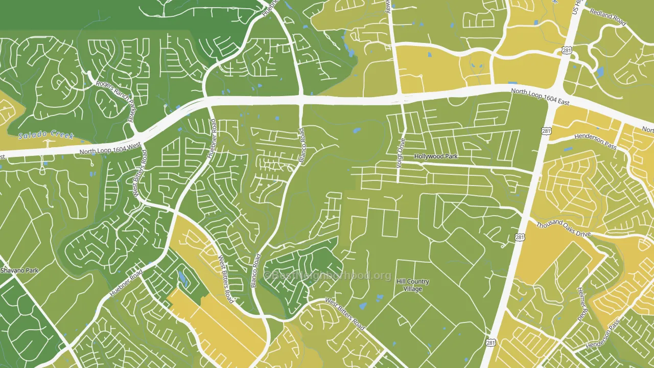 Map of the best neighborhoods in the Mission Ridge, San Antonio area, with better matches in green and worse matches in red