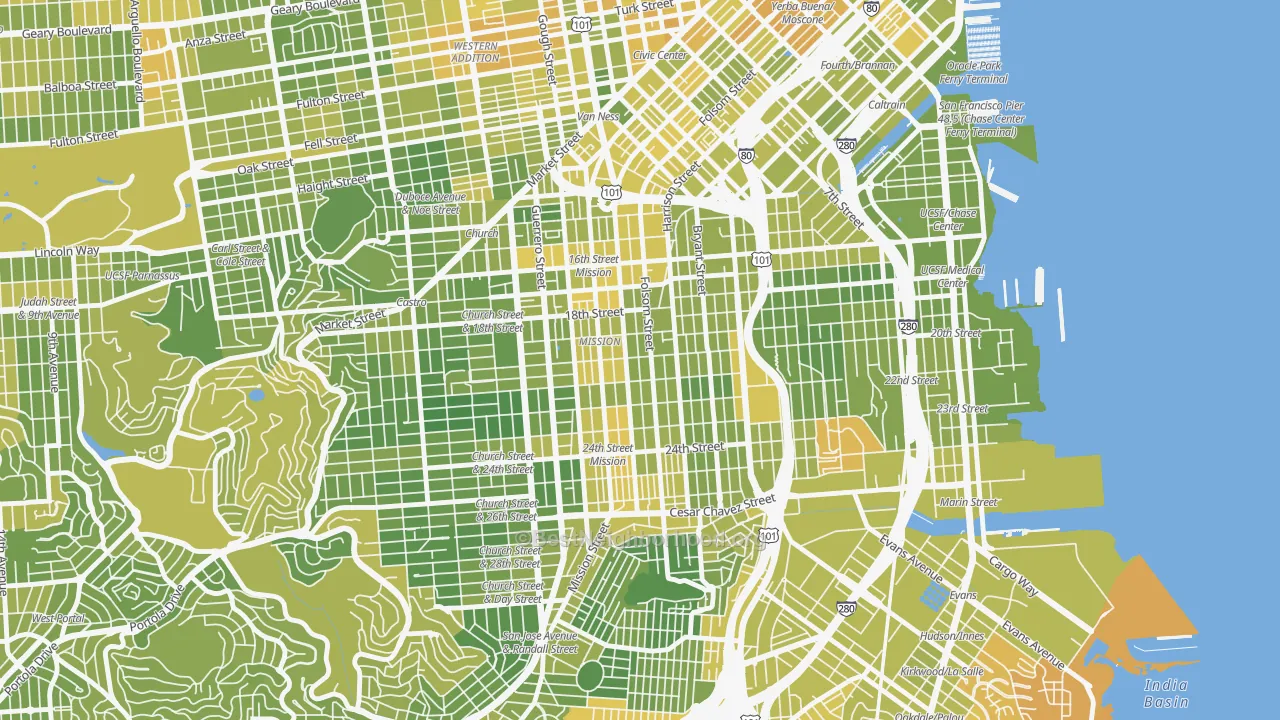 Map of the best neighborhoods in the Mission, San Francisco area, with better matches in green and worse matches in red