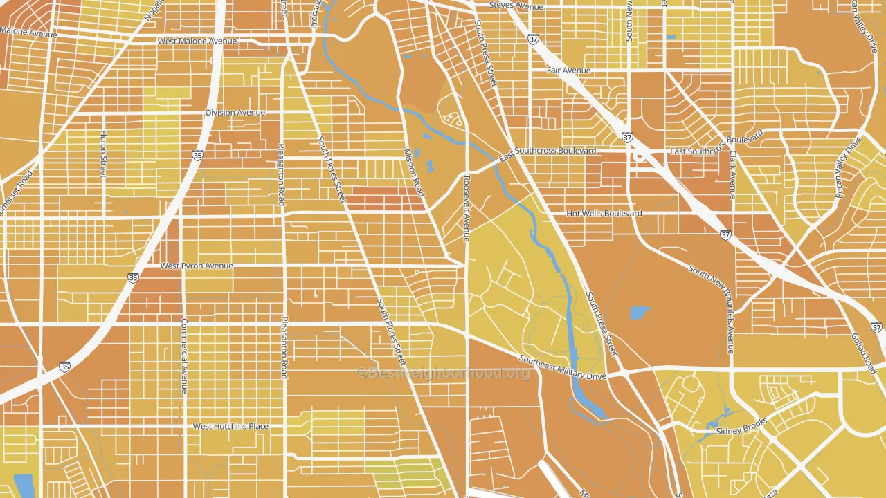 Map of the best neighborhoods in the Mission San Jose, San Antonio area, with better matches in green and worse matches in red