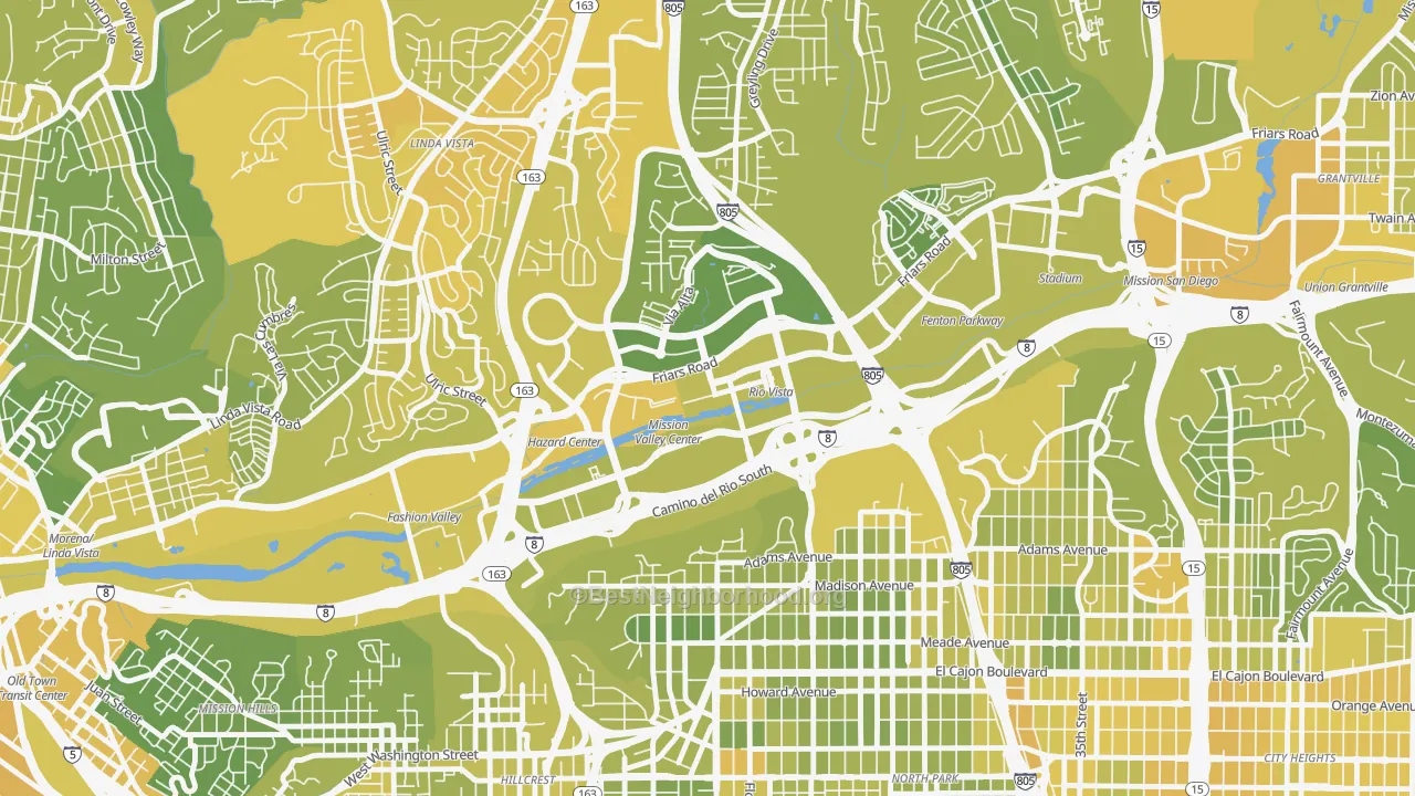 Map of the best neighborhoods in the Mission Valley East, San Diego area, with better matches in green and worse matches in red