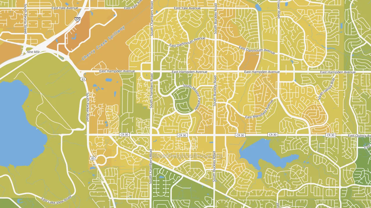 Map of the best neighborhoods in the Mission Viejo, Aurora area, with better matches in green and worse matches in red