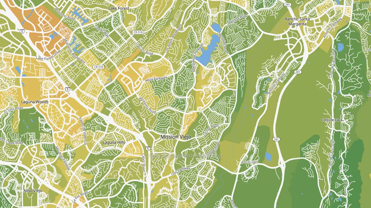 Map of the best neighborhoods in the Mission Viejo area, with better matches in green and worse matches in red