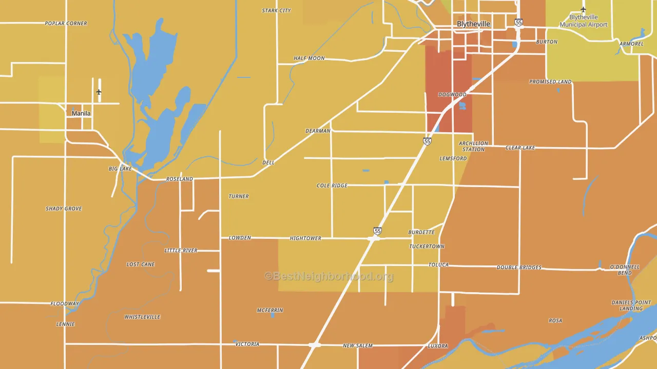 Map of the best neighborhoods in the Mississippi County area, with better matches in green and worse matches in red