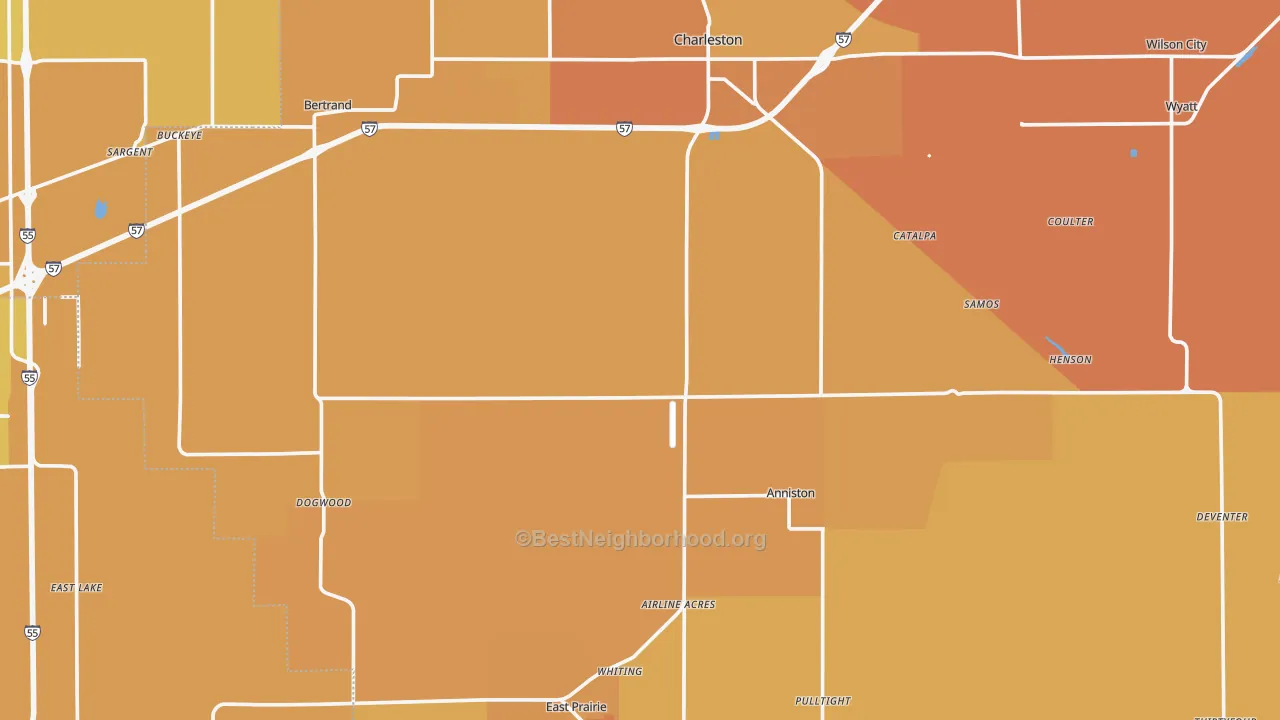 Map of the best neighborhoods in the Mississippi County area, with better matches in green and worse matches in red