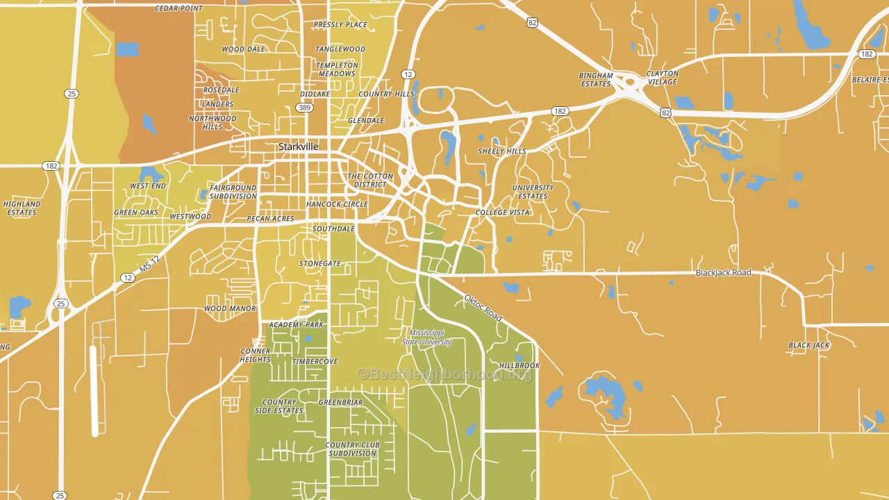 Map of the best neighborhoods in the Mississippi State area, with better matches in green and worse matches in red