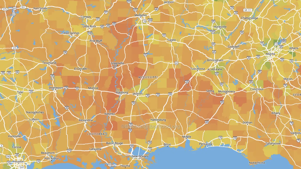 Map of the best neighborhoods in the Mississippi area, with better matches in green and worse matches in red