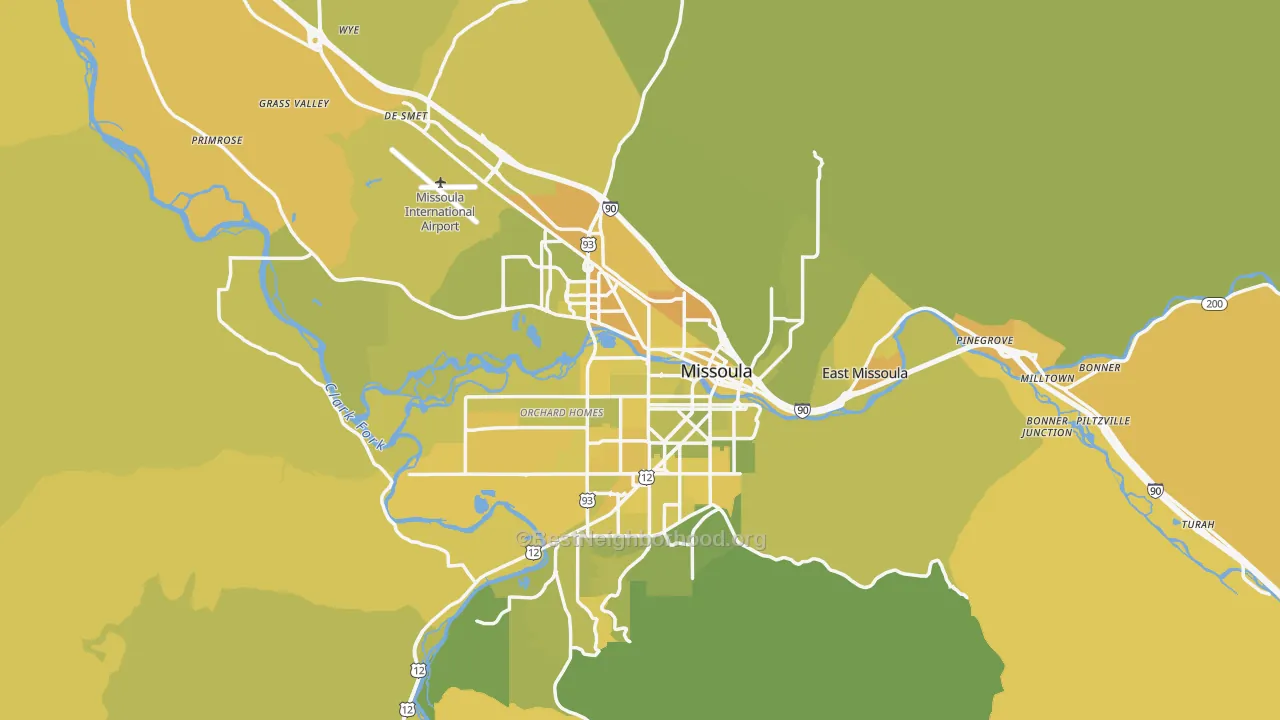 Map of the best neighborhoods in the Missoula County area, with better matches in green and worse matches in red