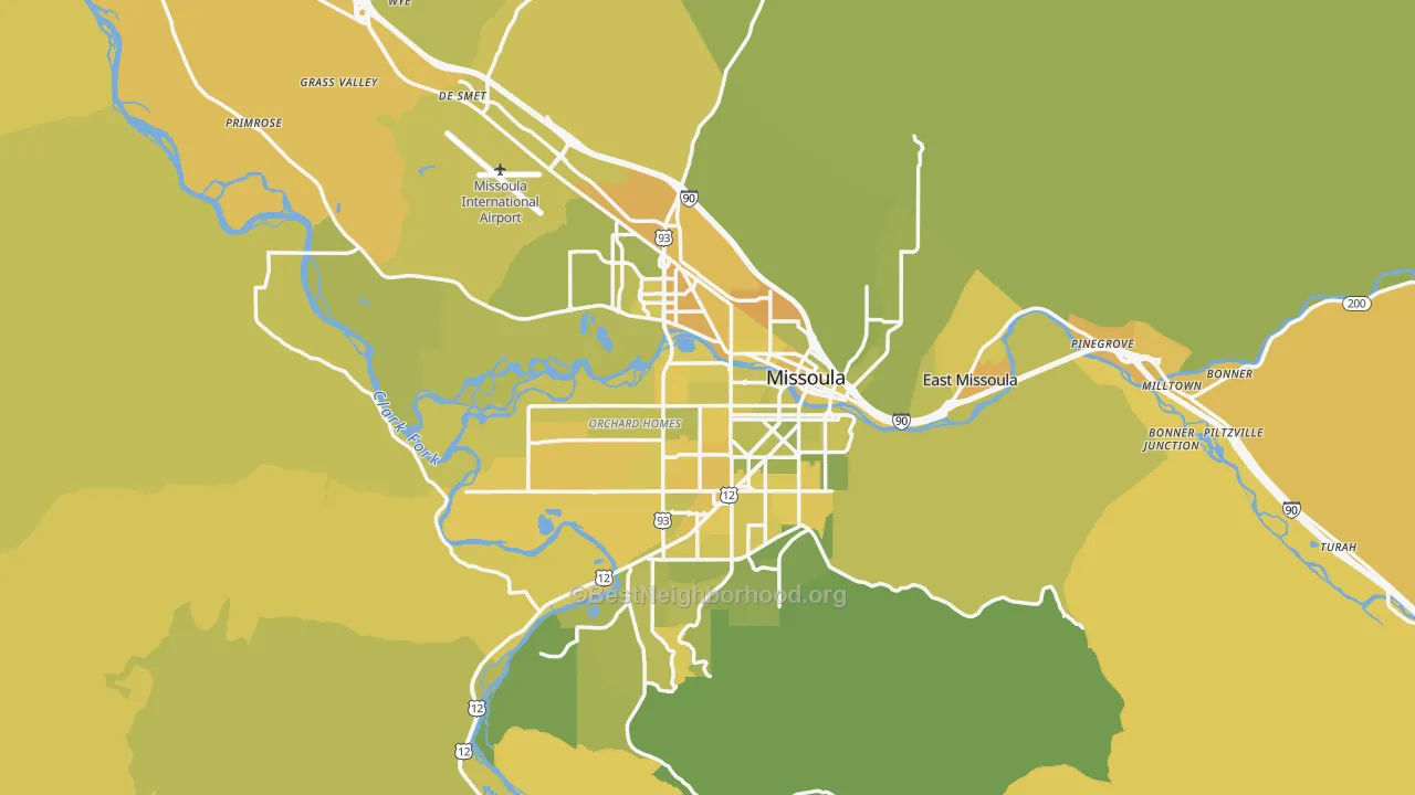 Map of the best neighborhoods in the Missoula Metro area, with better matches in green and worse matches in red