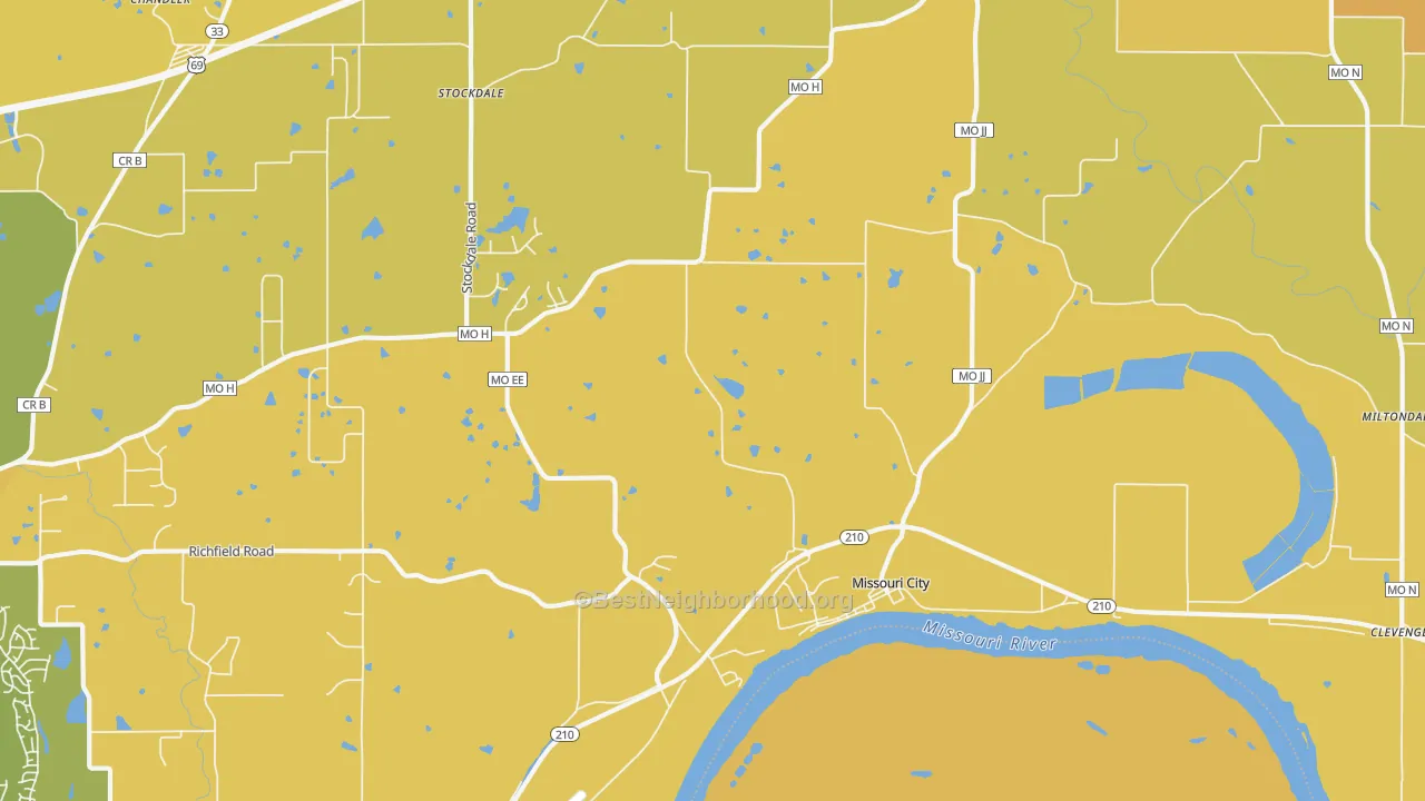 Map of the best neighborhoods in the Missouri City area, with better matches in green and worse matches in red