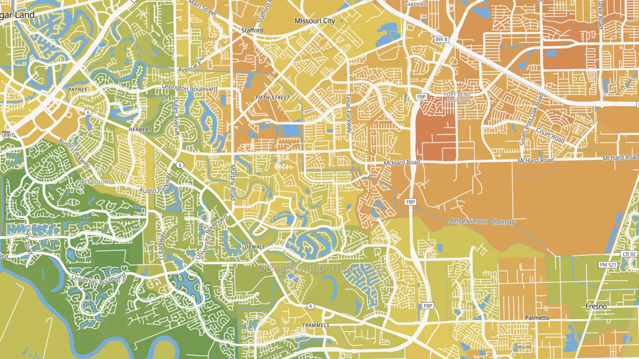 Map of the best neighborhoods in the Missouri City area, with better matches in green and worse matches in red