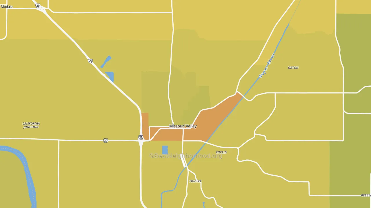 Map of the best neighborhoods in the Missouri Valley area, with better matches in green and worse matches in red