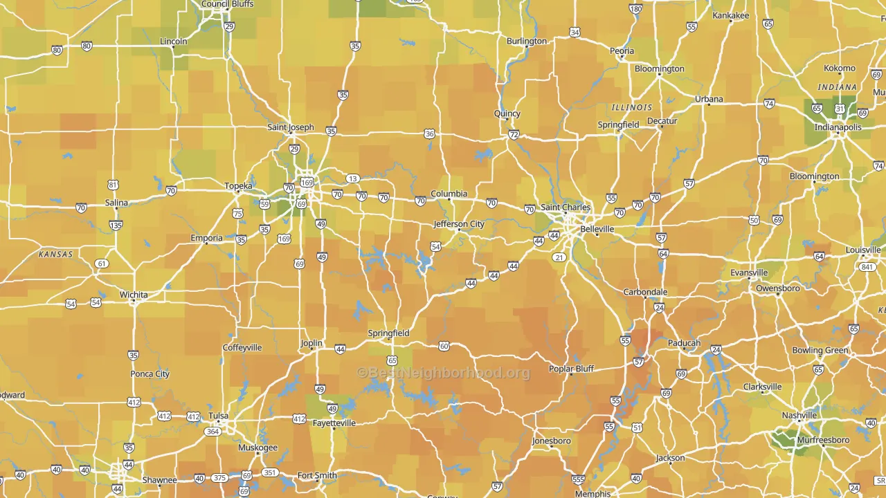 Map of the best neighborhoods in the Missouri area, with better matches in green and worse matches in red