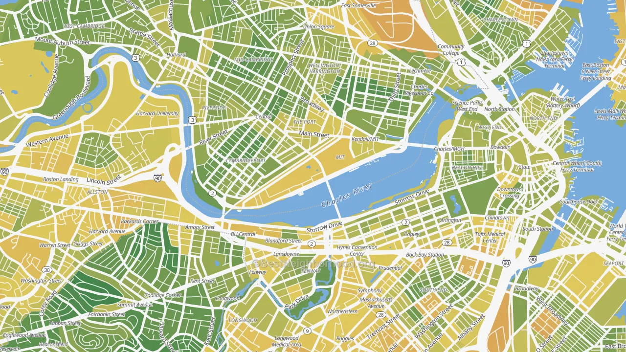 Map of the best neighborhoods in the MIT, Cambridge area, with better matches in green and worse matches in red