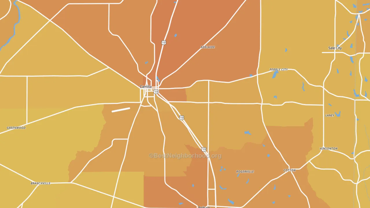 Map of the best neighborhoods in the Mitchell County area, with better matches in green and worse matches in red