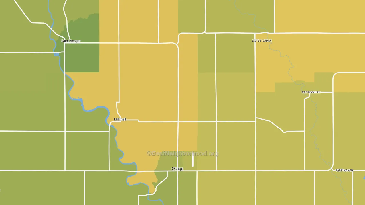 Map of the best neighborhoods in the Mitchell County area, with better matches in green and worse matches in red