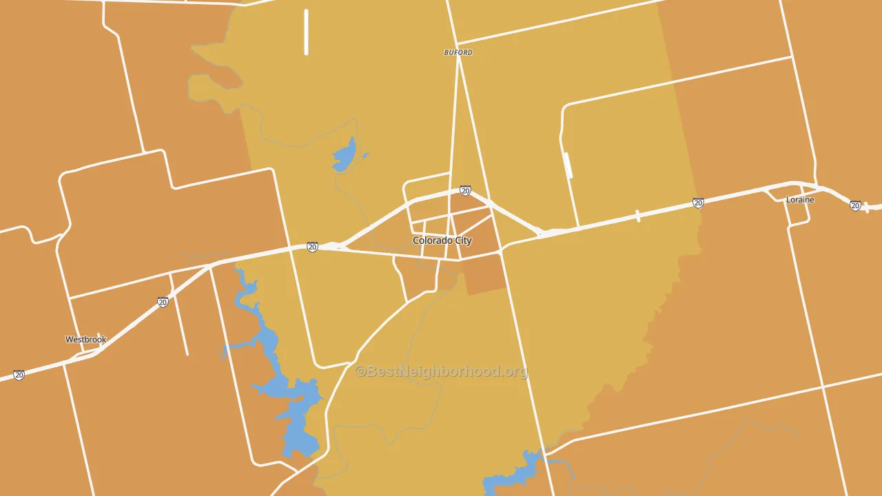 Map of the best neighborhoods in the Mitchell County area, with better matches in green and worse matches in red