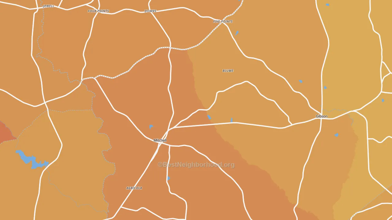 Map of the best neighborhoods in the Mitchell area, with better matches in green and worse matches in red
