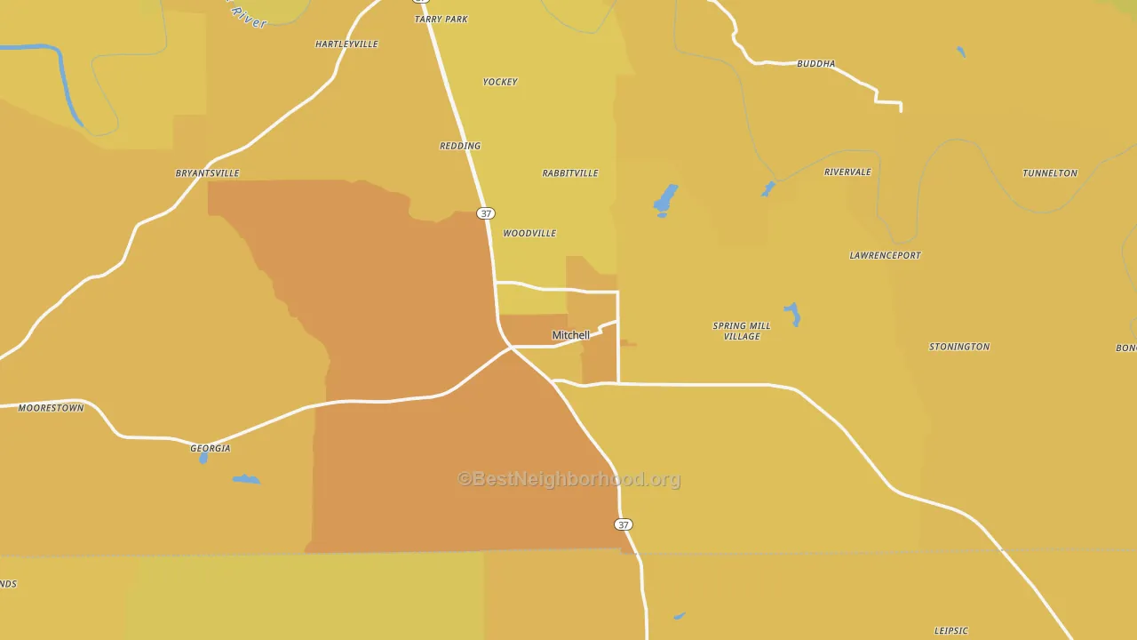 Map of the best neighborhoods in the Mitchell area, with better matches in green and worse matches in red