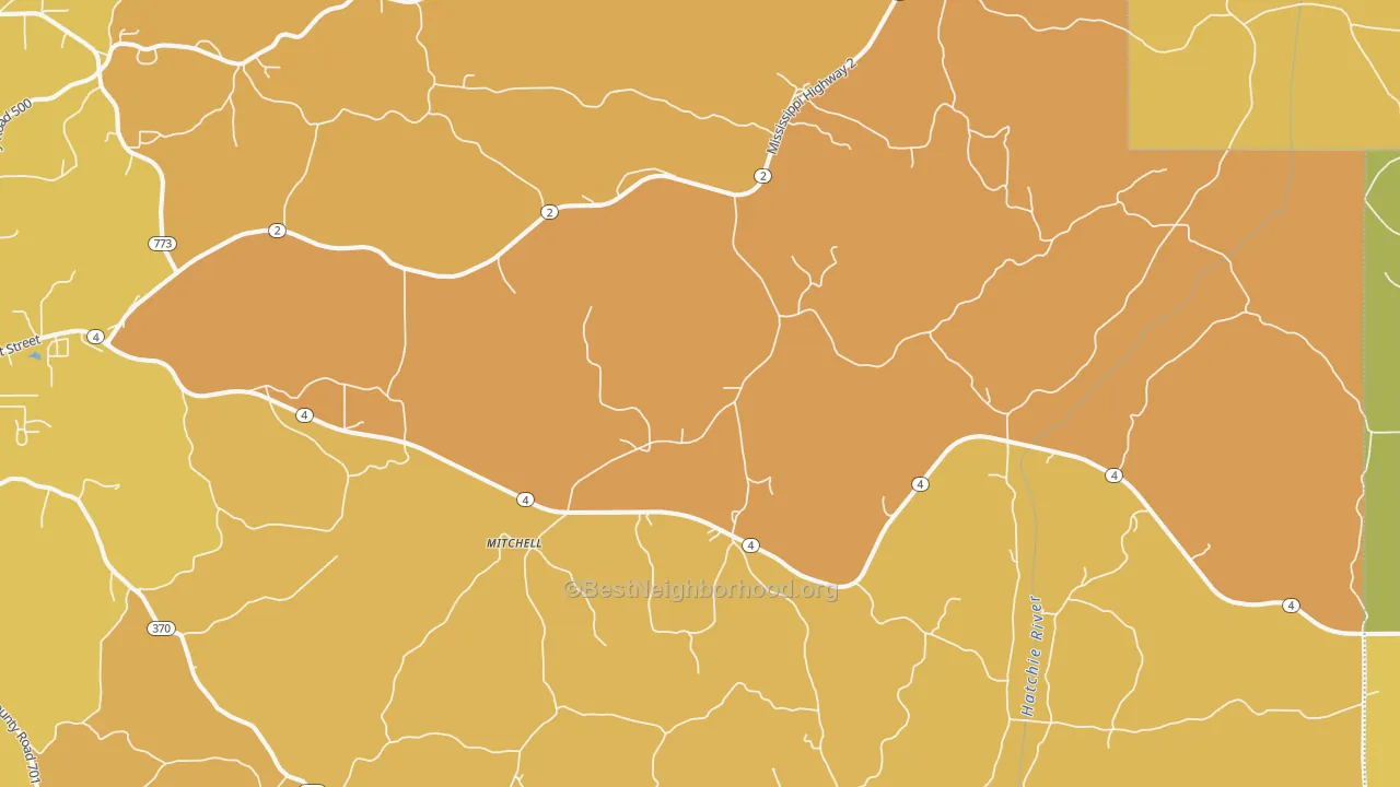 Map of the best neighborhoods in the Mitchell area, with better matches in green and worse matches in red