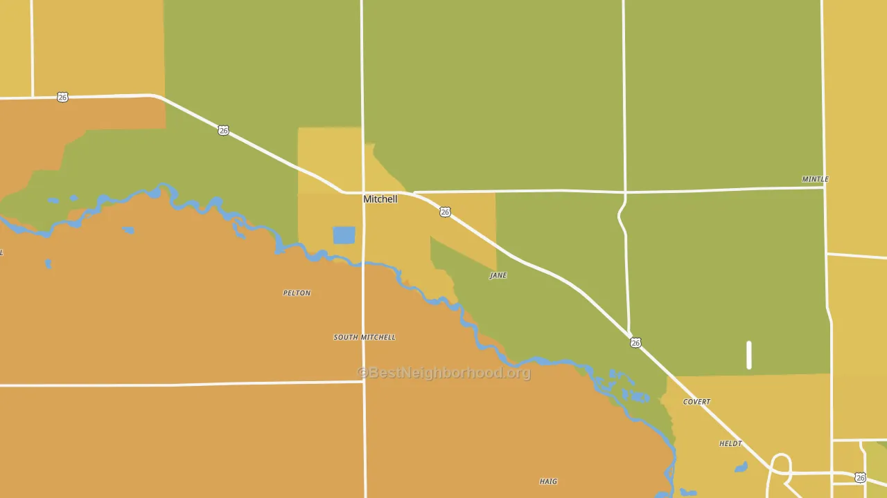 Map of the best neighborhoods in the Mitchell area, with better matches in green and worse matches in red