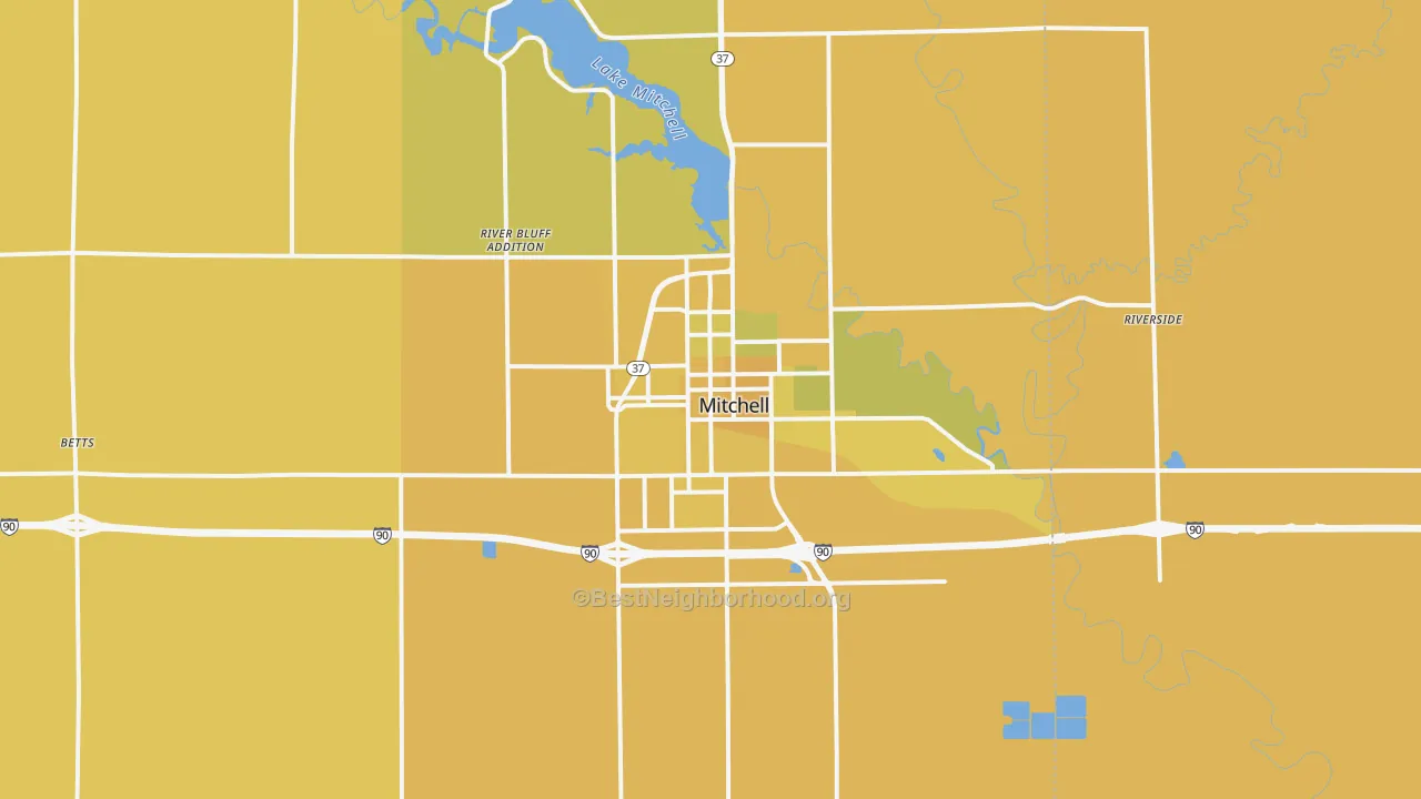Map of the best neighborhoods in the Mitchell area, with better matches in green and worse matches in red