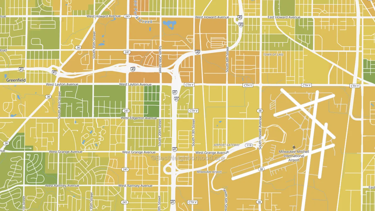 Map of the best neighborhoods in the Mitchell West, Milwaukee area, with better matches in green and worse matches in red