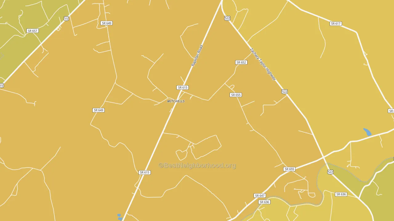 Map of the best neighborhoods in the Mitchells area, with better matches in green and worse matches in red