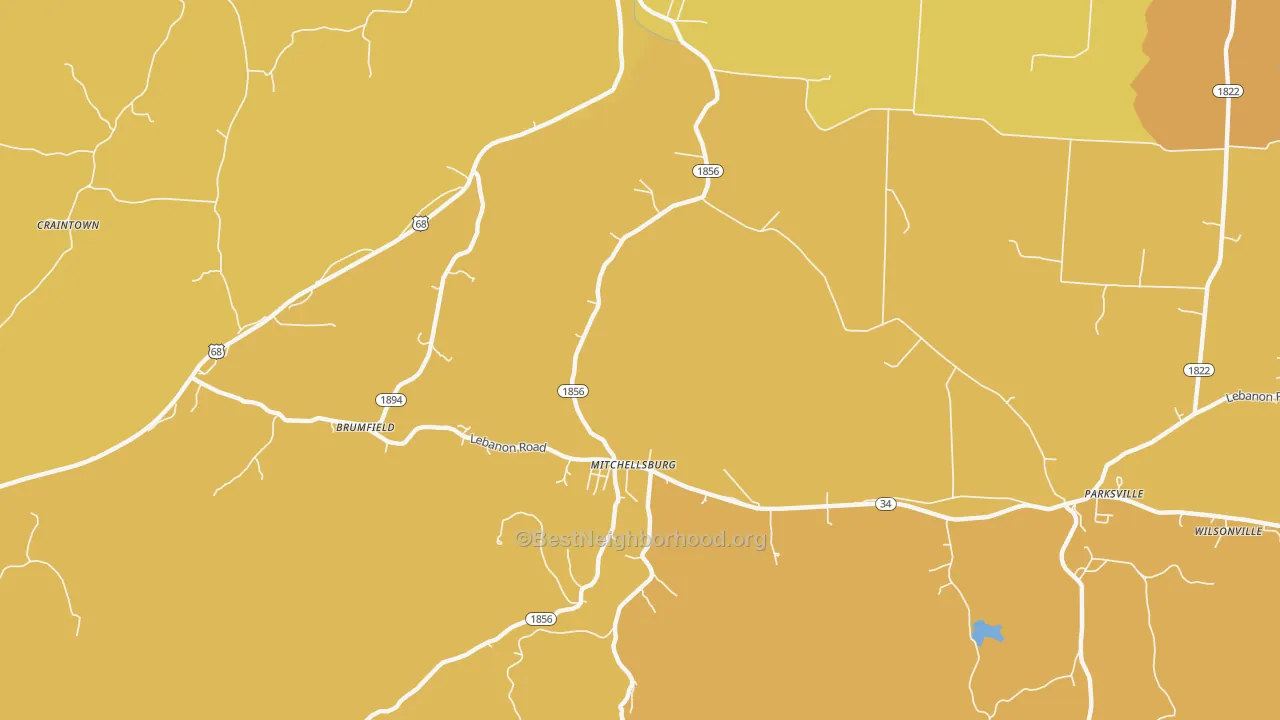 Map of the best neighborhoods in the Mitchellsburg area, with better matches in green and worse matches in red