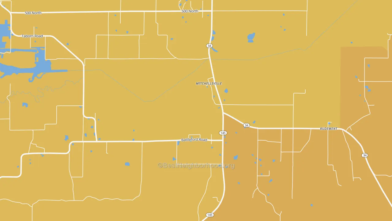 Map of the best neighborhoods in the Mitchellsville area, with better matches in green and worse matches in red