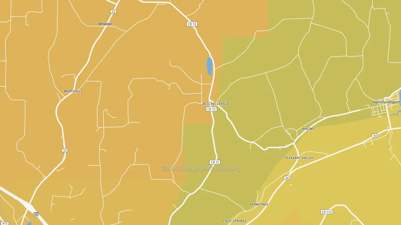 Map of the best neighborhoods in the Mitchellsville area, with better matches in green and worse matches in red