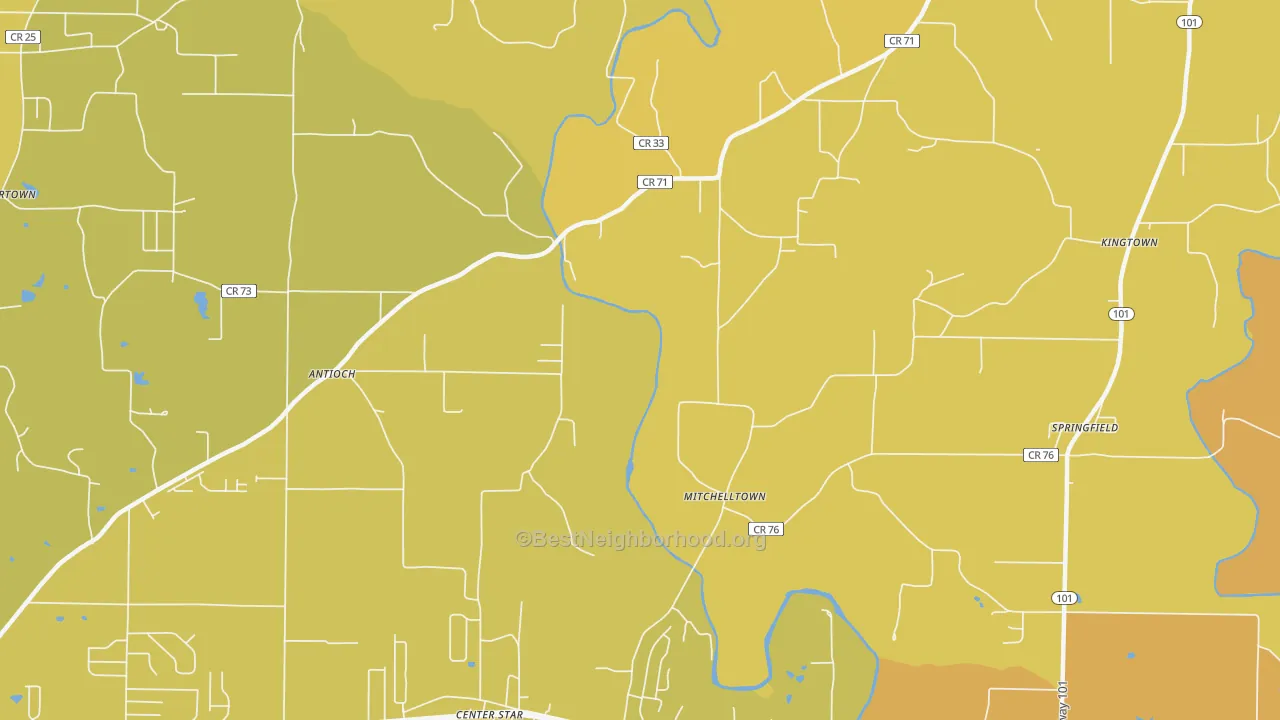 Map of the best neighborhoods in the Mitchelltown area, with better matches in green and worse matches in red