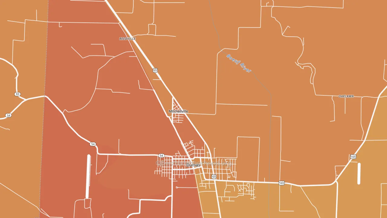 Map of the best neighborhoods in the Mitchellville area, with better matches in green and worse matches in red