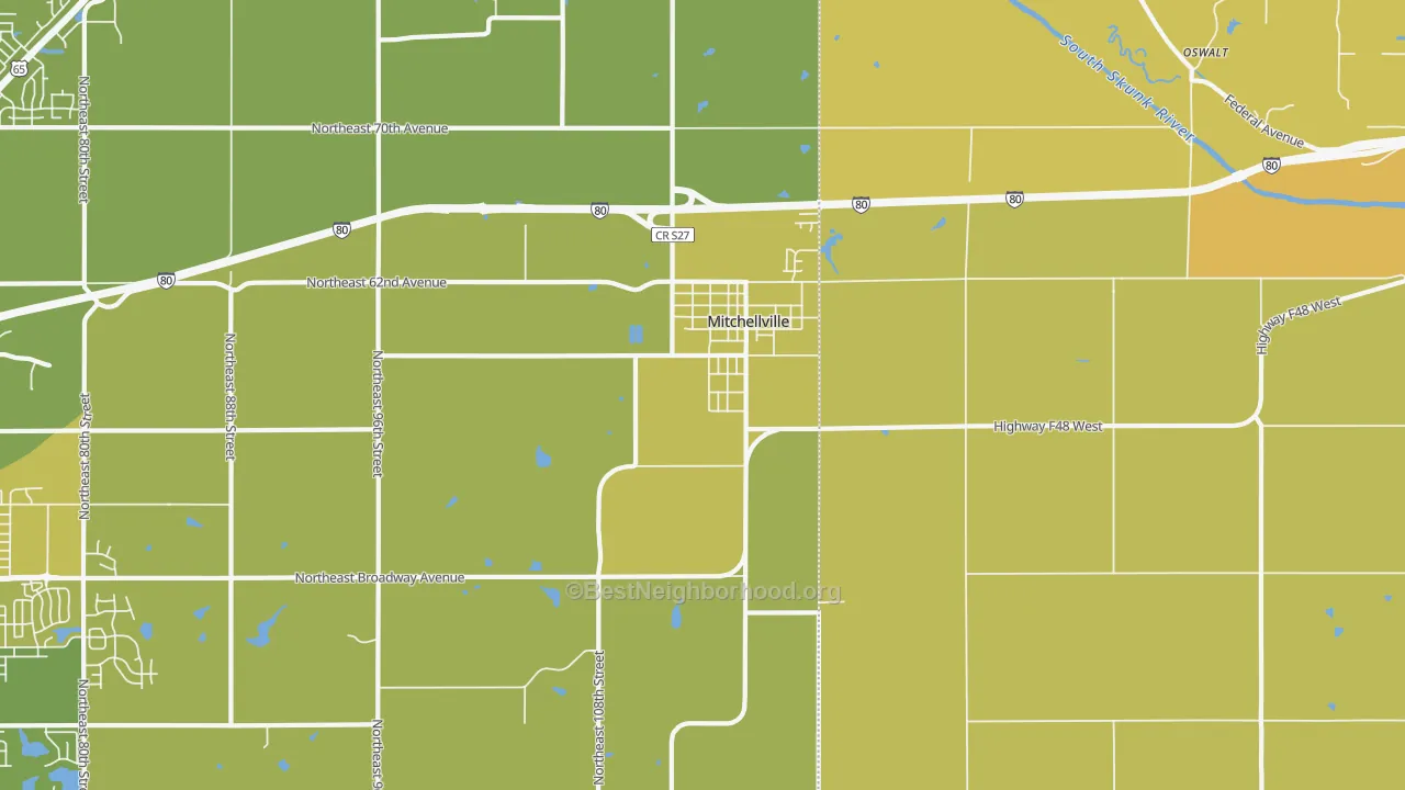 Map of the best neighborhoods in the Mitchellville area, with better matches in green and worse matches in red