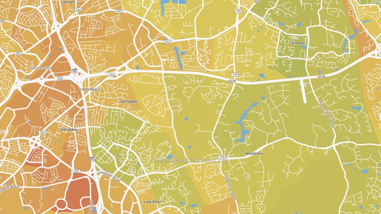 Map of the best neighborhoods in the Mitchellville area, with better matches in green and worse matches in red