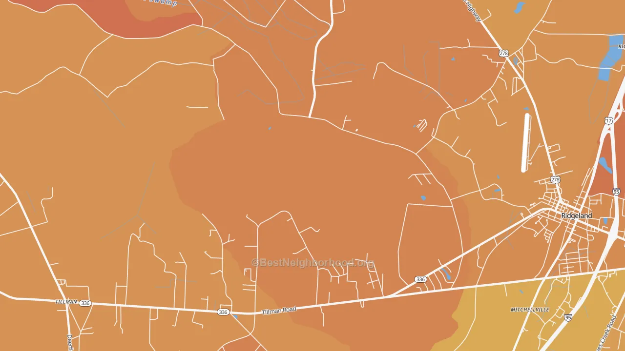 Map of the best neighborhoods in the Mitchellville area, with better matches in green and worse matches in red