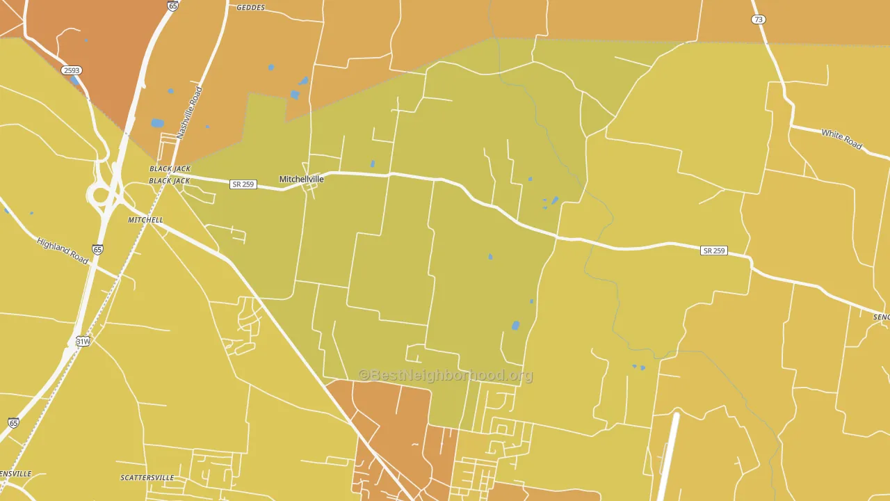 Map of the best neighborhoods in the Mitchellville area, with better matches in green and worse matches in red