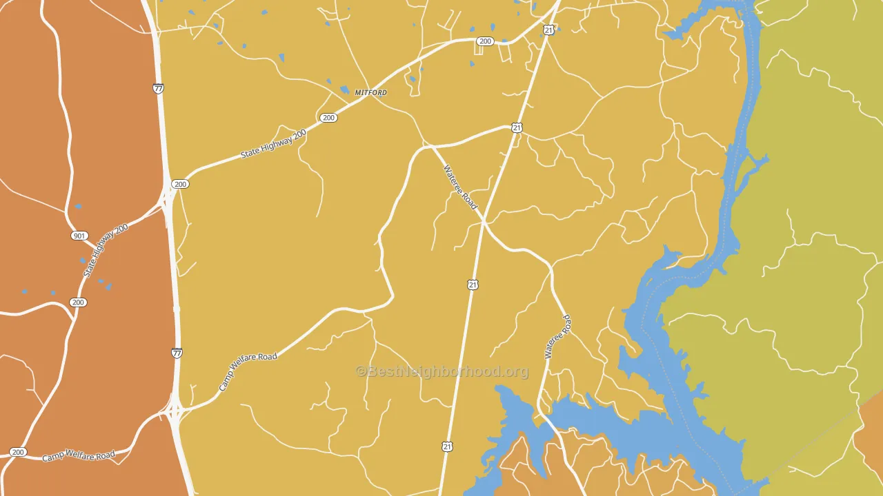 Map of the best neighborhoods in the Mitford area, with better matches in green and worse matches in red