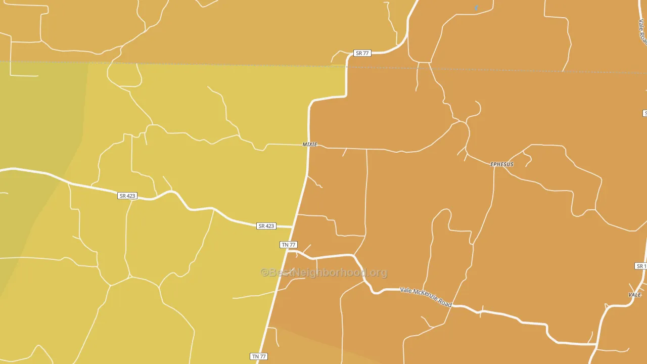 Map of the best neighborhoods in the Mixie area, with better matches in green and worse matches in red