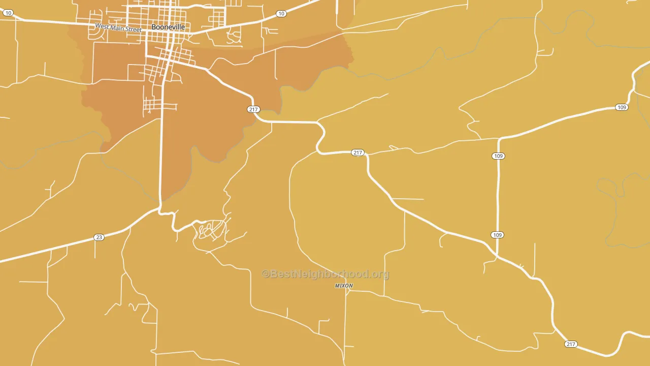 Map of the best neighborhoods in the Mixon area, with better matches in green and worse matches in red