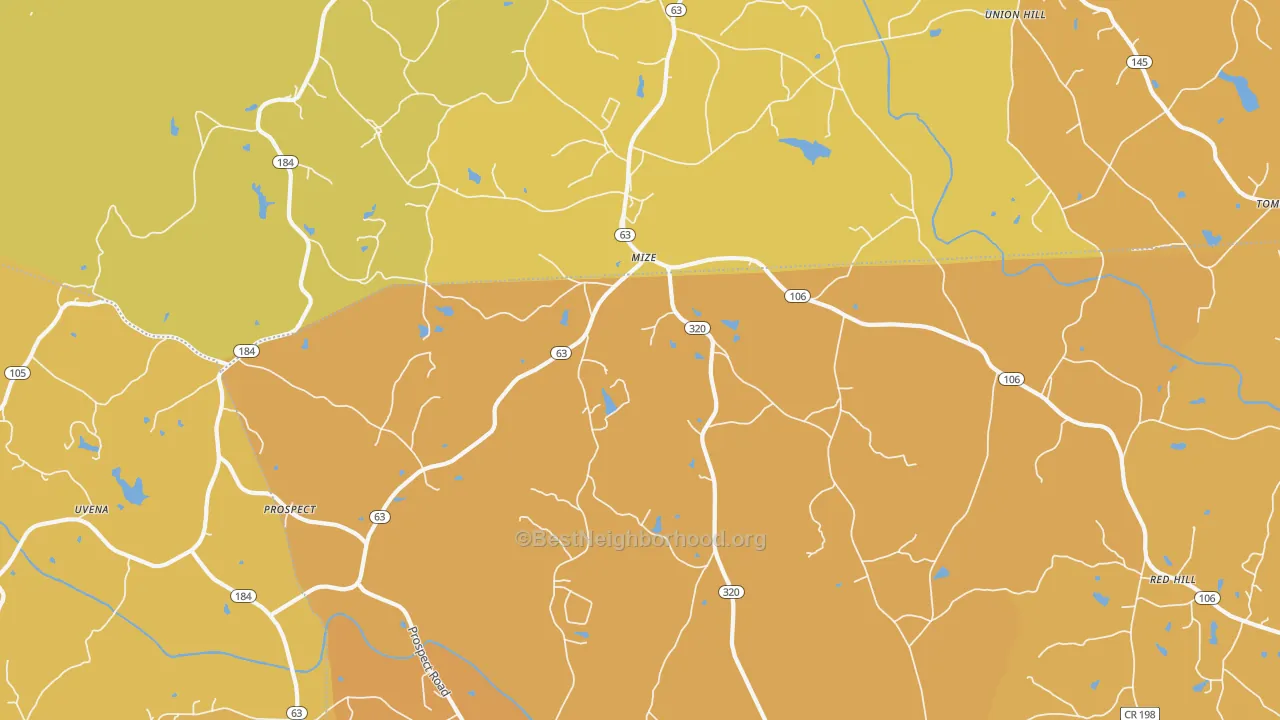 Map of the best neighborhoods in the Mize area, with better matches in green and worse matches in red
