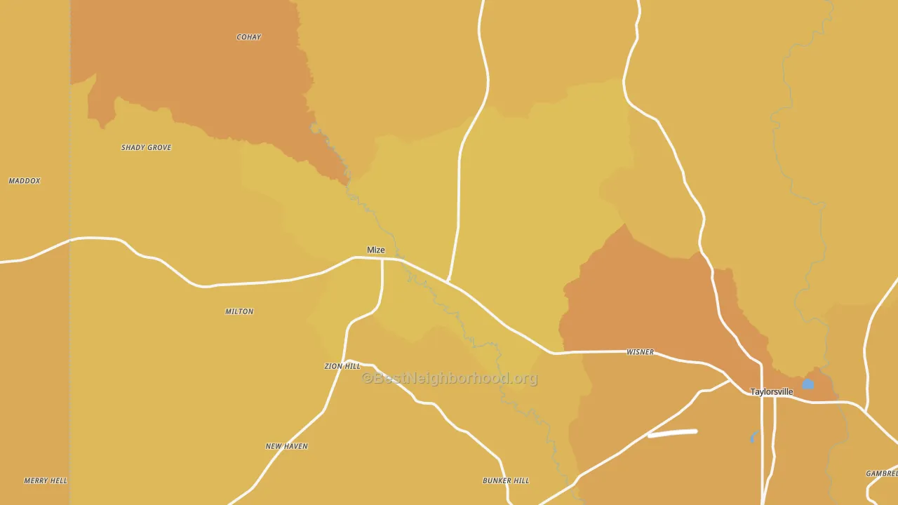 Map of the best neighborhoods in the Mize area, with better matches in green and worse matches in red
