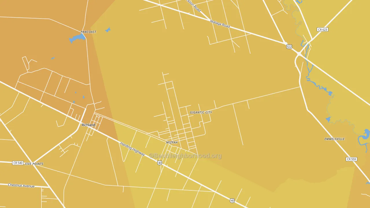 Map of the best neighborhoods in the Mizpah area, with better matches in green and worse matches in red