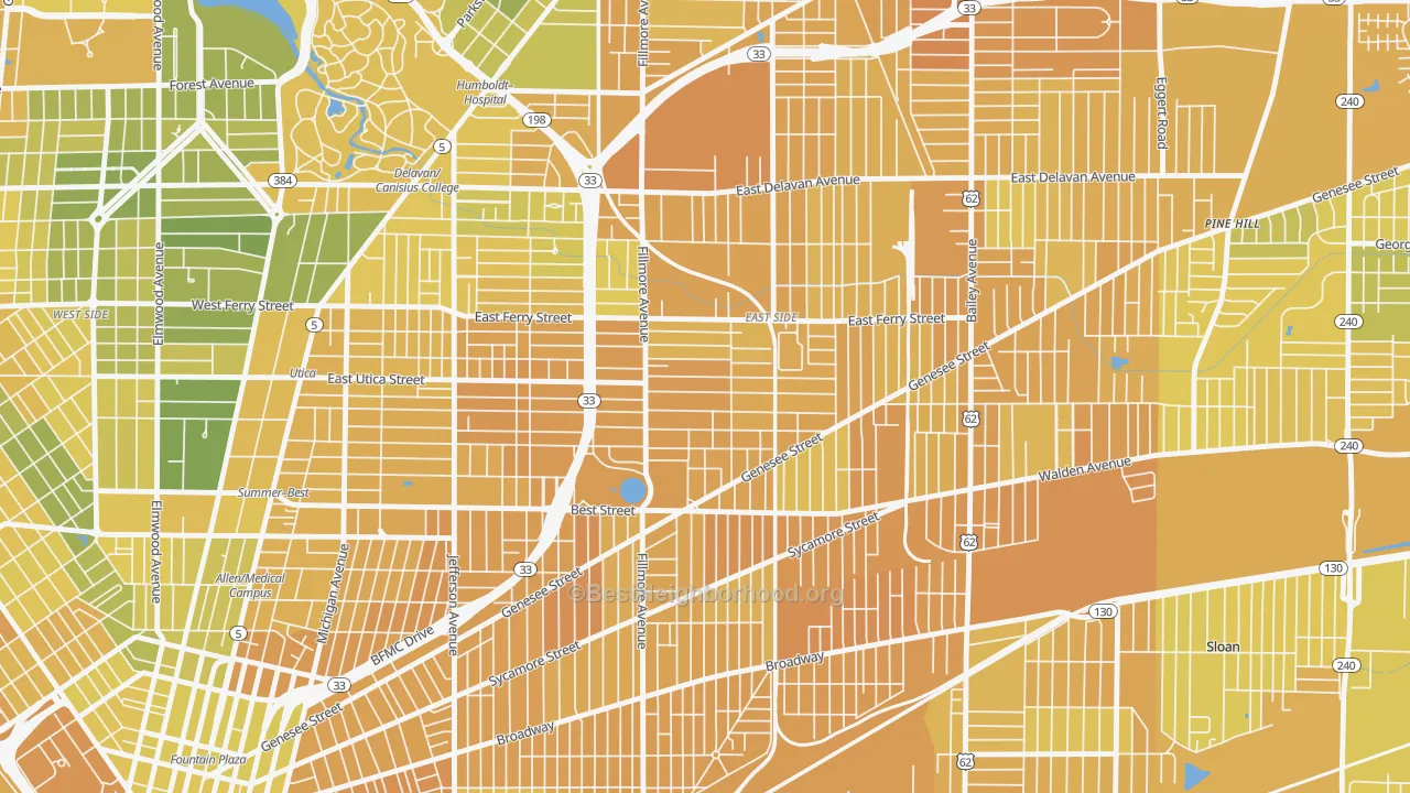Map of the best neighborhoods in the Mlk Park, Buffalo area, with better matches in green and worse matches in red