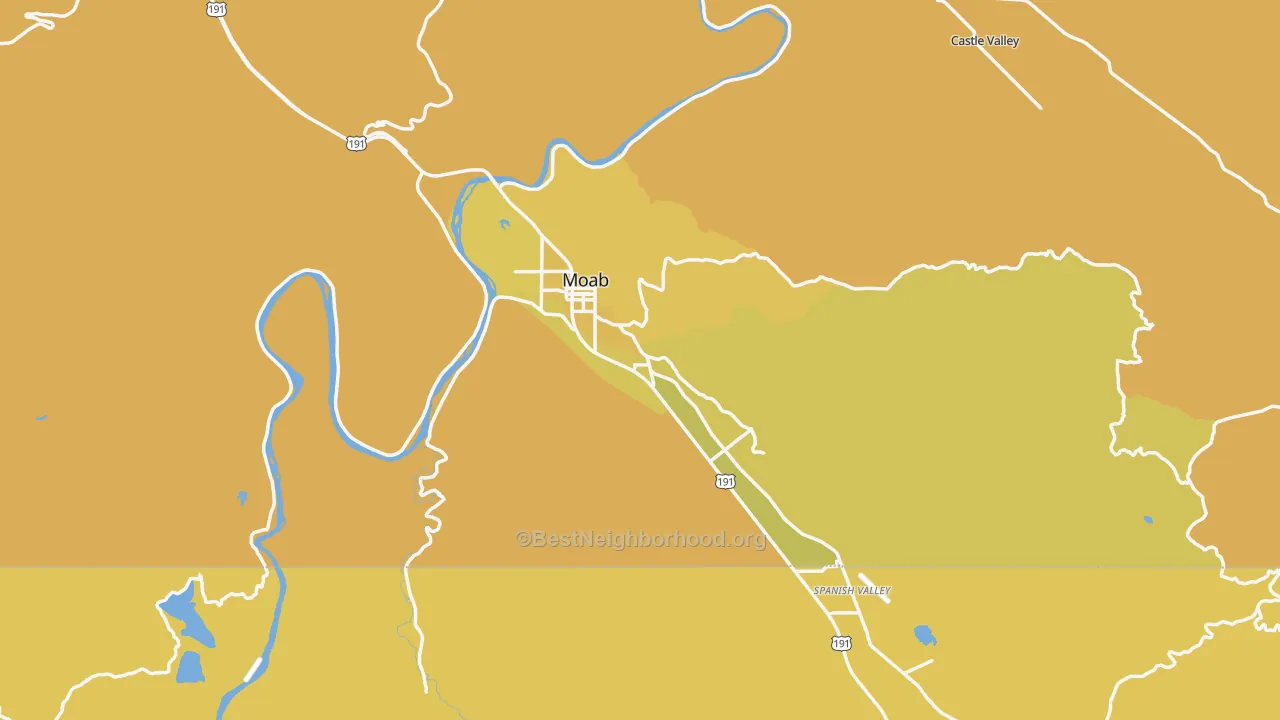 Map of the best neighborhoods in the Moab area, with better matches in green and worse matches in red