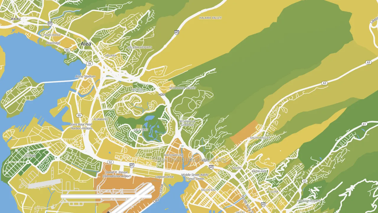 Map of the best neighborhoods in the Moanalua, Honolulu area, with better matches in green and worse matches in red