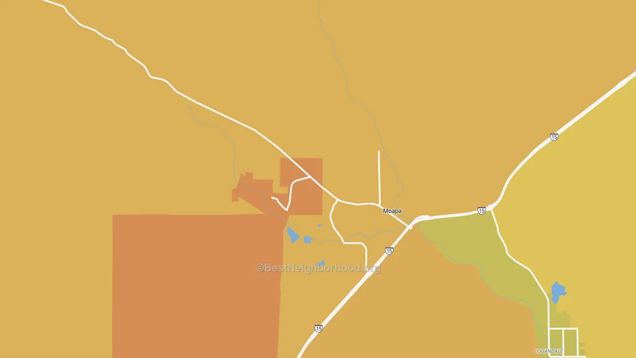 Map of the best neighborhoods in the Moapa area, with better matches in green and worse matches in red