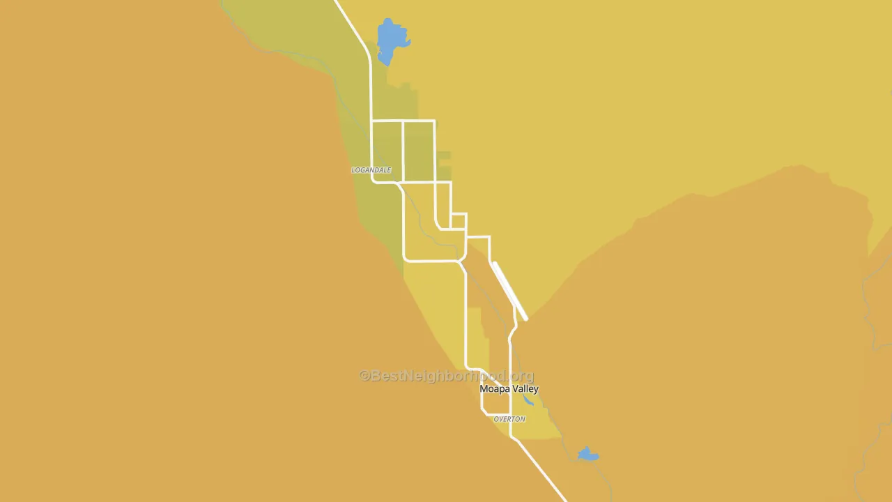 Map of the best neighborhoods in the Moapa Valley area, with better matches in green and worse matches in red